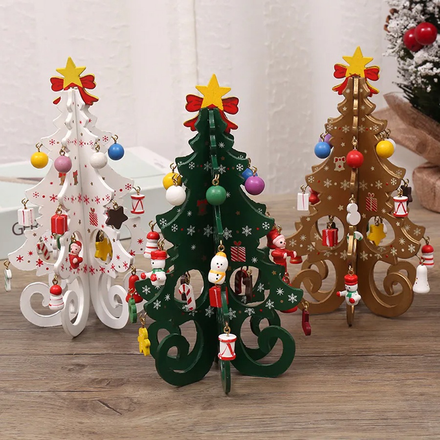 3Pcs Christmas Tree Handmade DIY Stereo Wooden Xmas Tree Decorations