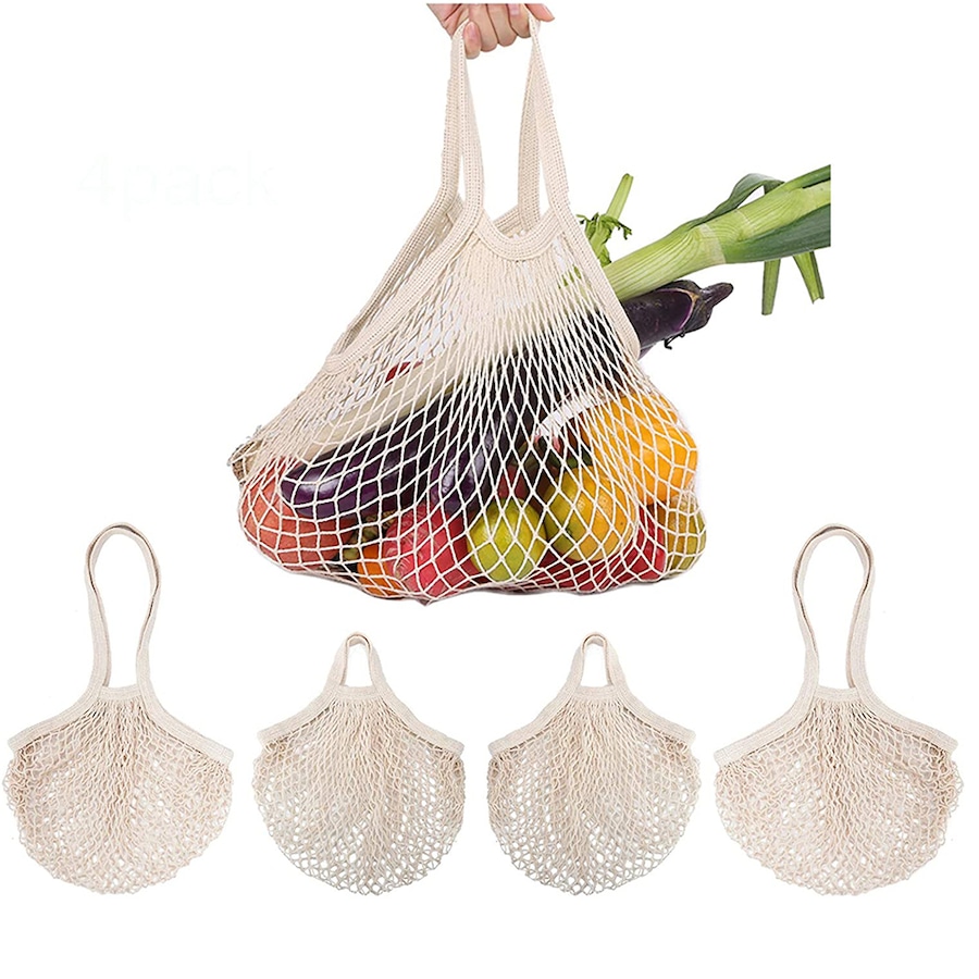 4 Pack Reusable Cotton Mesh Shopping Bags Mesh Bags For Fruit Vegetable