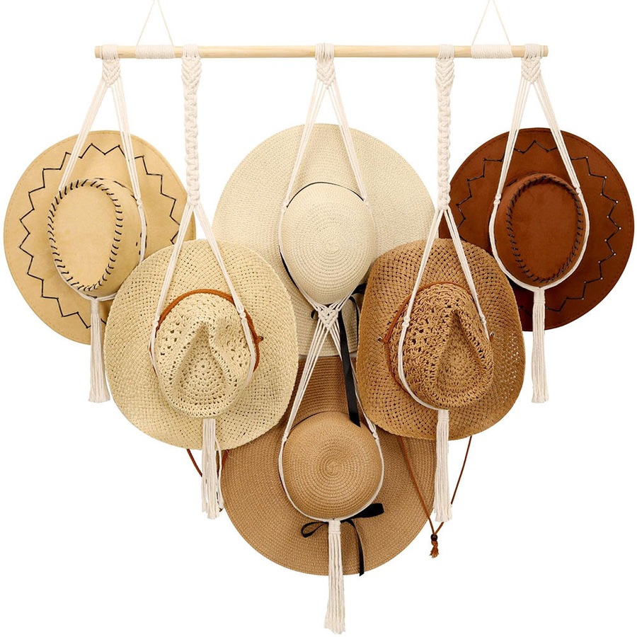 Macrame Hat Hangers Boho Hat Rack for Wall Hat Holder Display Organizer