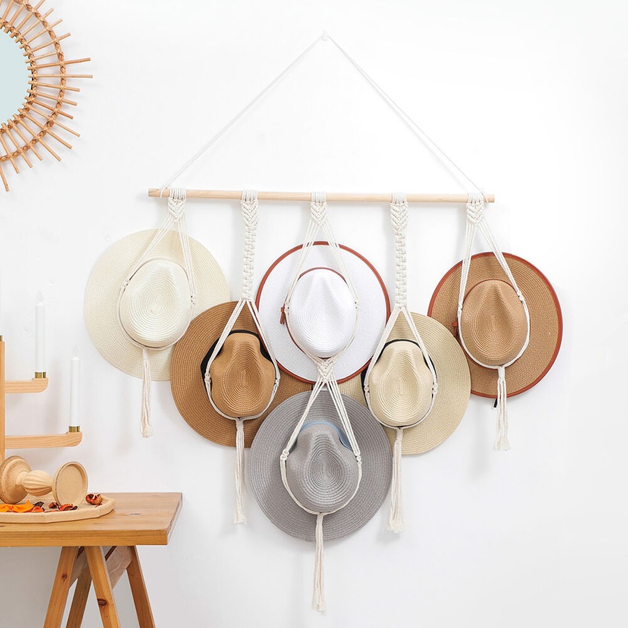 Macrame Hat Hangers Boho Hat Rack for Wall Hat Holder Display Organizer