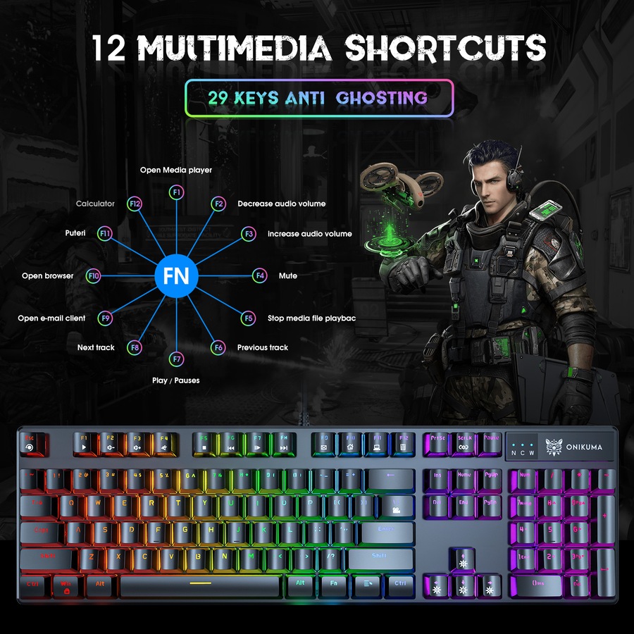 ONIKUMA G27 Wired Keyboard 104-Key USB Interface Backlit Mechanical Gaming Keyboard Black