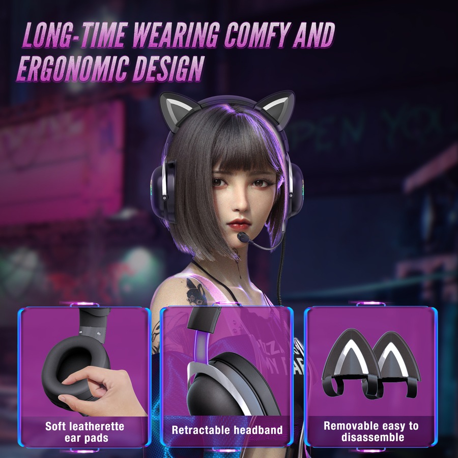ONIKUMA X11 Cat Ear Headset 3.5mm Jack 50mm Sound Unit RGB Light Gaming Headphone Detachable Noise-canceling Mic for PS4 Computer PC Gamer Black