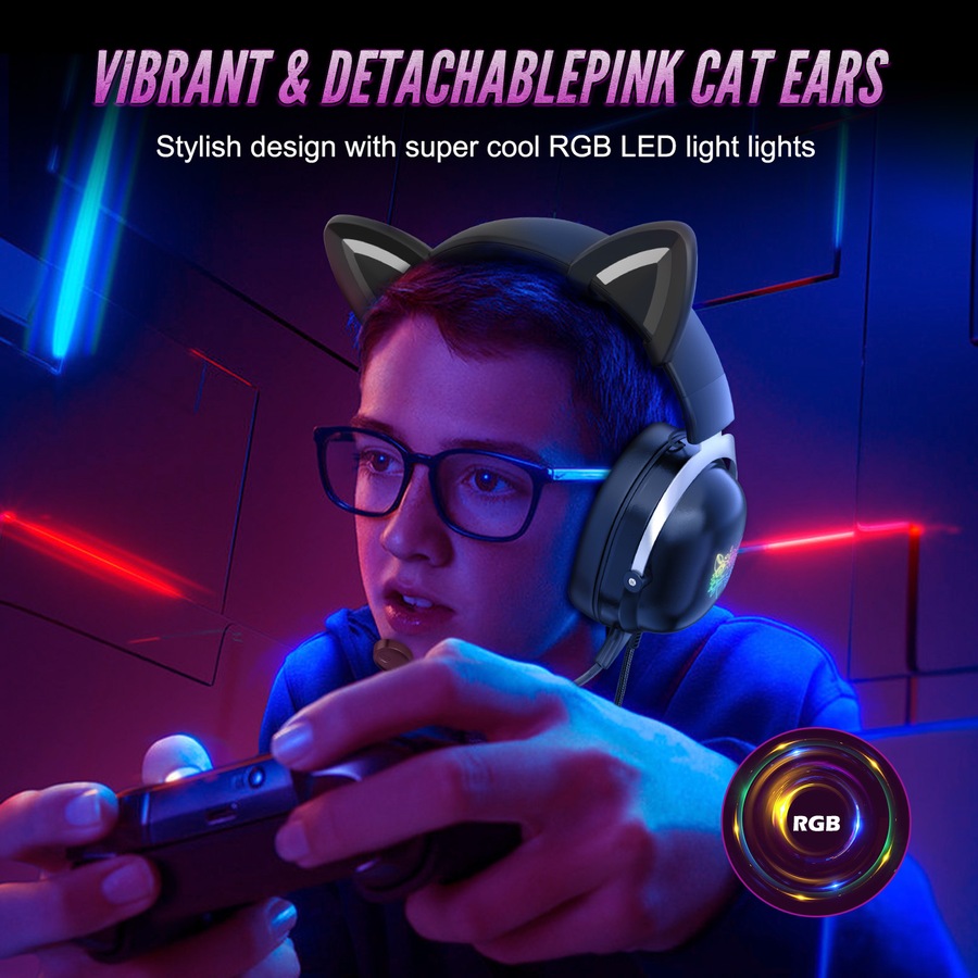 ONIKUMA X11 Cat Ear Headset 3.5mm Jack 50mm Sound Unit RGB Light Gaming Headphone Detachable Noise-canceling Mic for PS4 Computer PC Gamer Black
