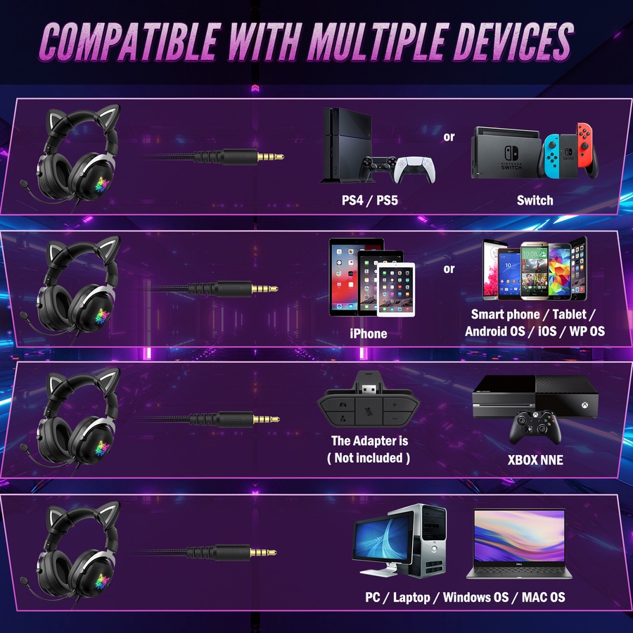 ONIKUMA X11 Cat Ear Headset 3.5mm Jack 50mm Sound Unit RGB Light Gaming Headphone Detachable Noise-canceling Mic for PS4 Computer PC Gamer Black