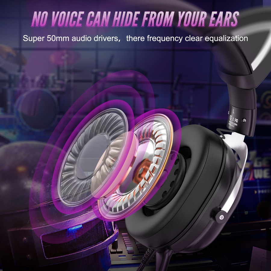 ONIKUMA X11 Cat Ear Headset 3.5mm Jack 50mm Sound Unit RGB Light Gaming Headphone Detachable Noise-canceling Mic for PS4 Computer PC Gamer Black