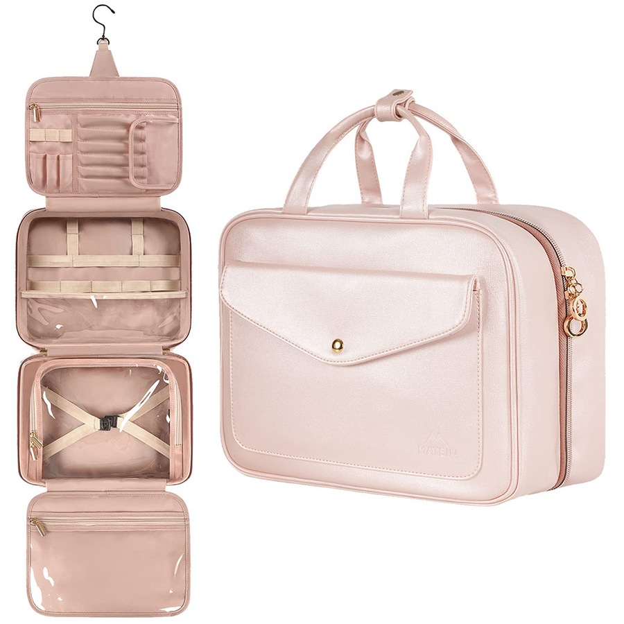 PU Leather Makeup Bag Travel Tote Waterproof Cosmetic Bag-Pink