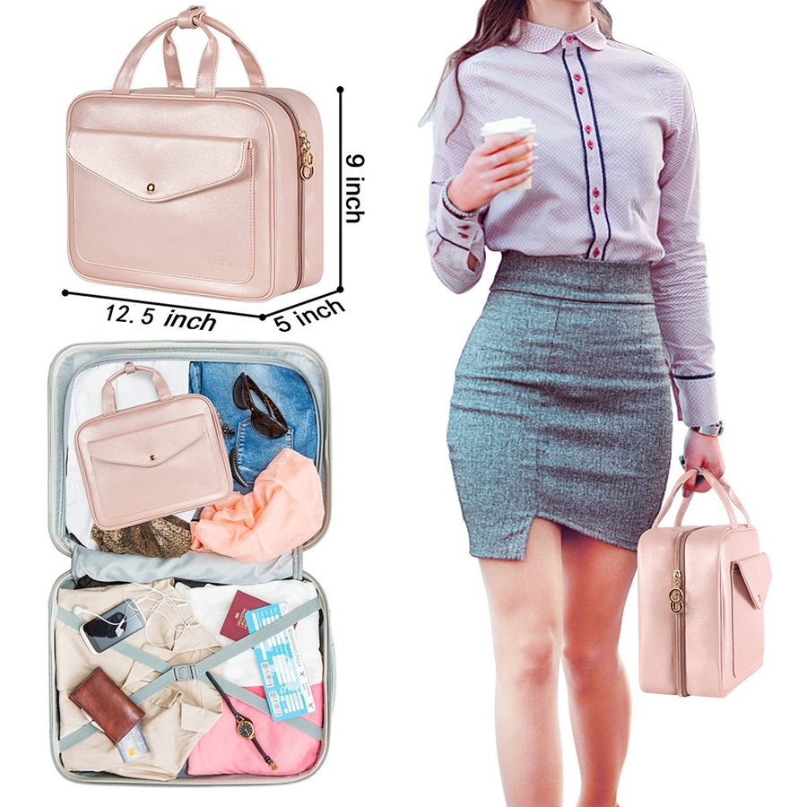 PU Leather Makeup Bag Travel Tote Waterproof Cosmetic Bag-Pink