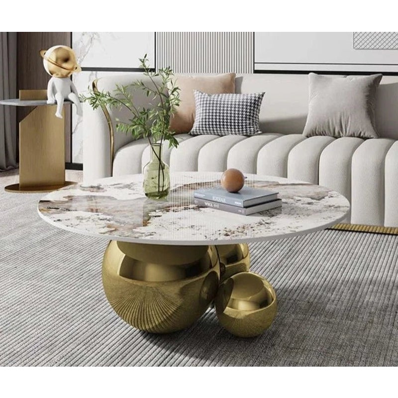 Buy Spigola Round Coffee Table in Gold with Sintered Stone Top and ...