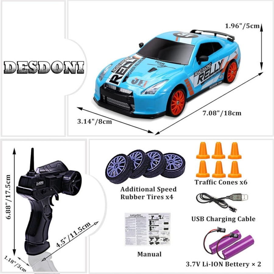 Nevenka 1:24 RC Drift Car 2.4GHz 15KM/H with LED Lights and Dual Batteries-A08
