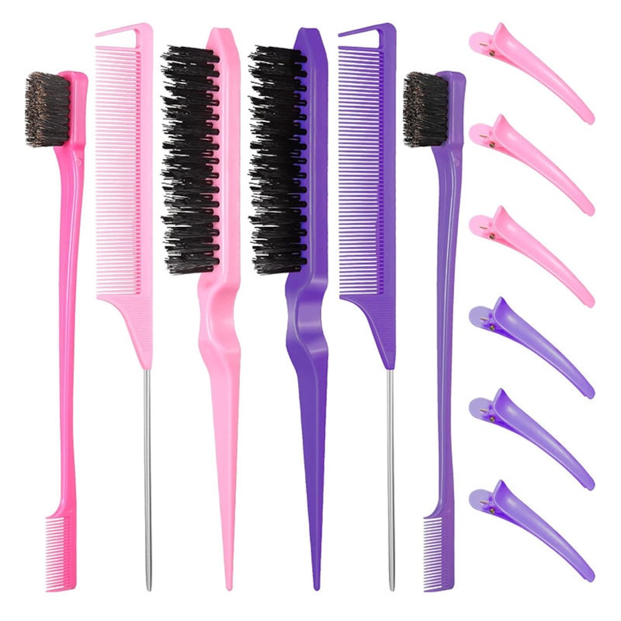 Nevenka 12 Pieces Hair Brush Set Nylon Teasing Hair Brushes Rat Tail Combs with Duckbill Clips for Women-Pink Purple