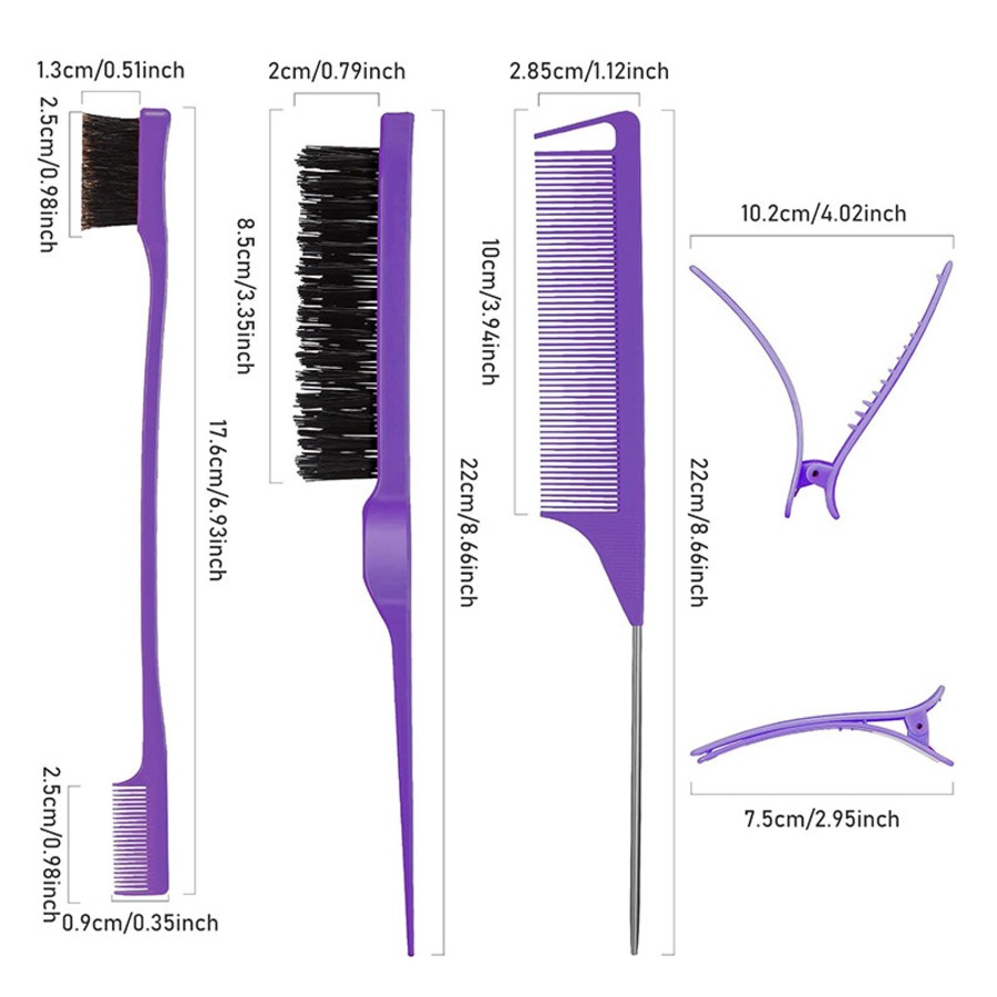 Nevenka 12 Pieces Hair Brush Set Nylon Teasing Hair Brushes Rat Tail Combs with Duckbill Clips for Women-Pink Purple