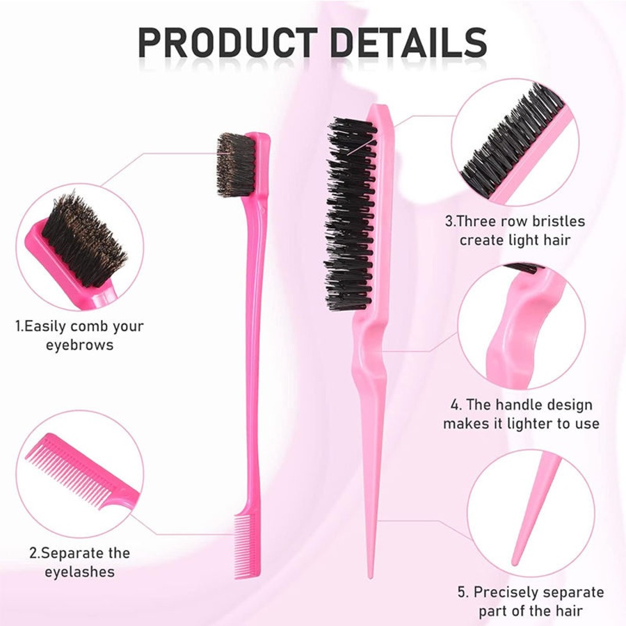 Nevenka 12 Pieces Hair Brush Set Nylon Teasing Hair Brushes Rat Tail Combs with Duckbill Clips for Women-Pink Purple