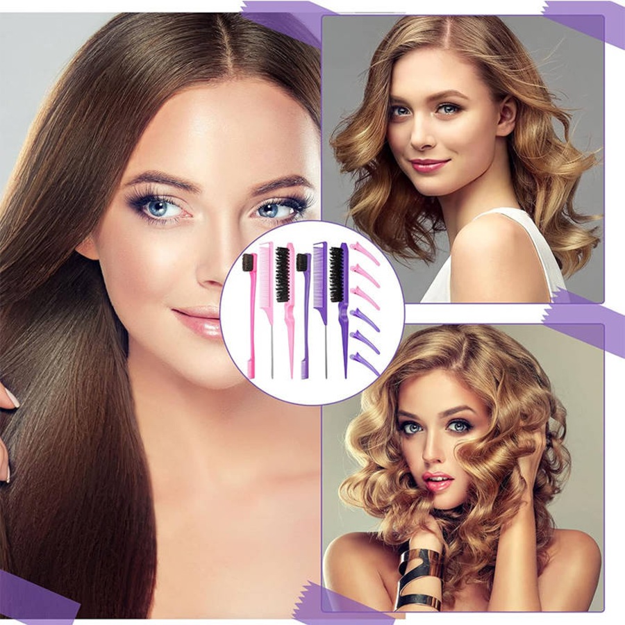 Nevenka 12 Pieces Hair Brush Set Nylon Teasing Hair Brushes Rat Tail Combs with Duckbill Clips for Women-Pink Purple