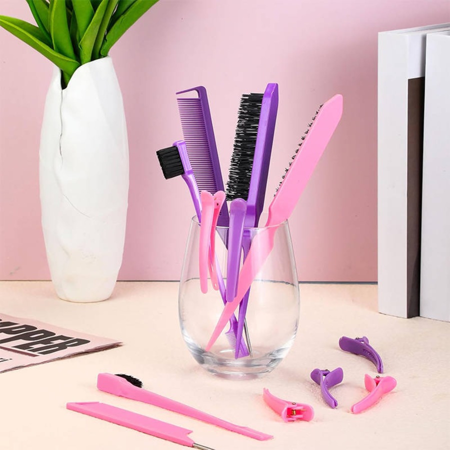 Nevenka 12 Pieces Hair Brush Set Nylon Teasing Hair Brushes Rat Tail Combs with Duckbill Clips for Women-Pink Purple