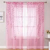 Nevenka 2 Panels Sheer Curtains Rod Pocket Willow Leaves Print for Living Room-Pink