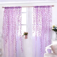Nevenka 2 Panels Sheer Curtains Rod Pocket Willow Leaves Print for Living Room-Purple