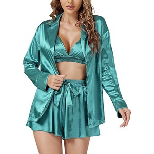 Nevenka 3-Piece Sleepwear for Women Cami Lingerie + Satin Robe + Flowy Shorts-Green
