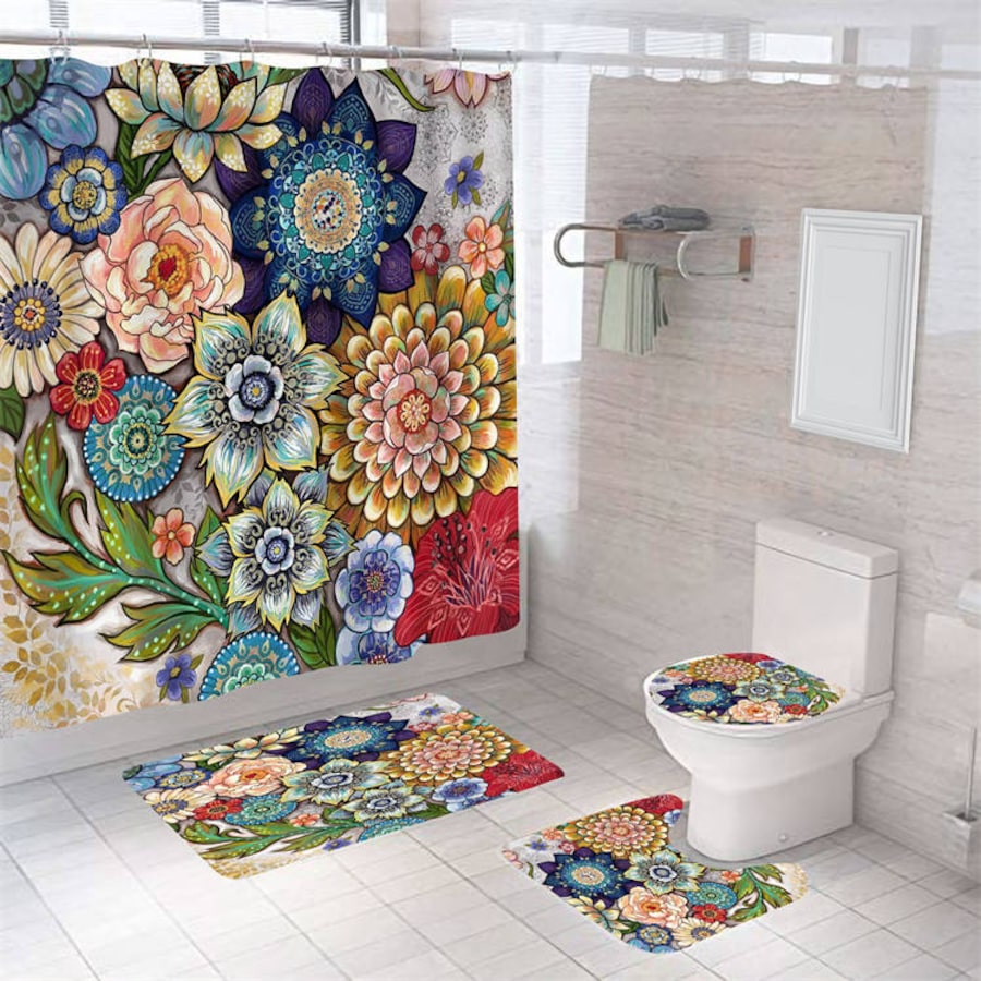 Nevenka 4 Pcs Shower Curtain Set Bath Mat U Shape and Toilet Lid Cover Mat with 12 Hooks 71" x 71"-A3