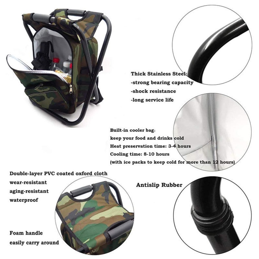 Nevenka Backpack Cooler Chair Folding Camping Stool for Travel Fishing-Camo