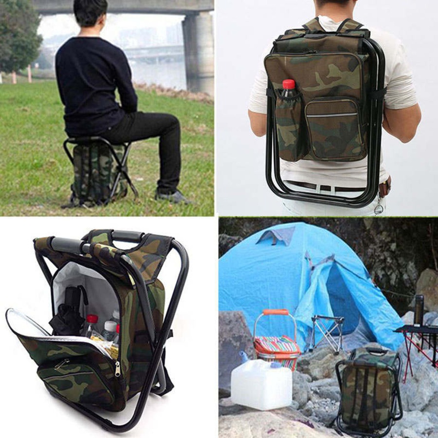 Nevenka Backpack Cooler Chair Folding Camping Stool for Travel Fishing-Camo