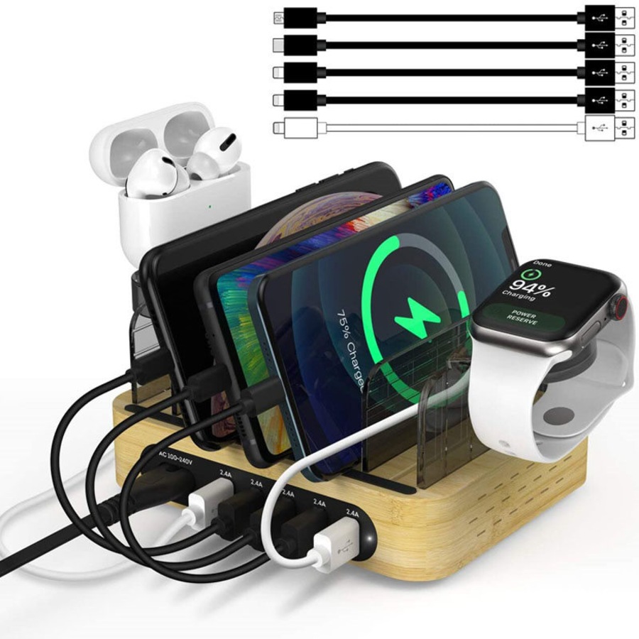 Nevenka Bamboo Charging Station for Multiple Devices Dock Organizer with 5 USB Ports and 5 Charging Cables