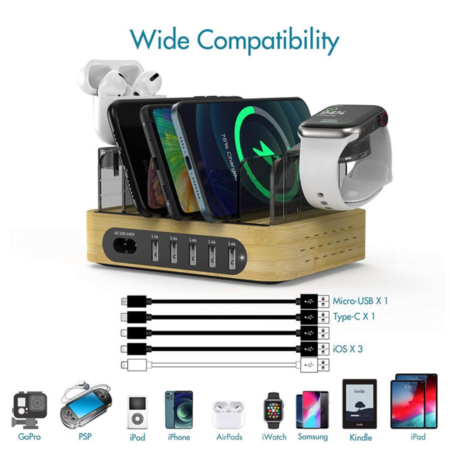 Nevenka Bamboo Charging Station for Multiple Devices Dock Organizer with 5 USB Ports and 5 Charging Cables