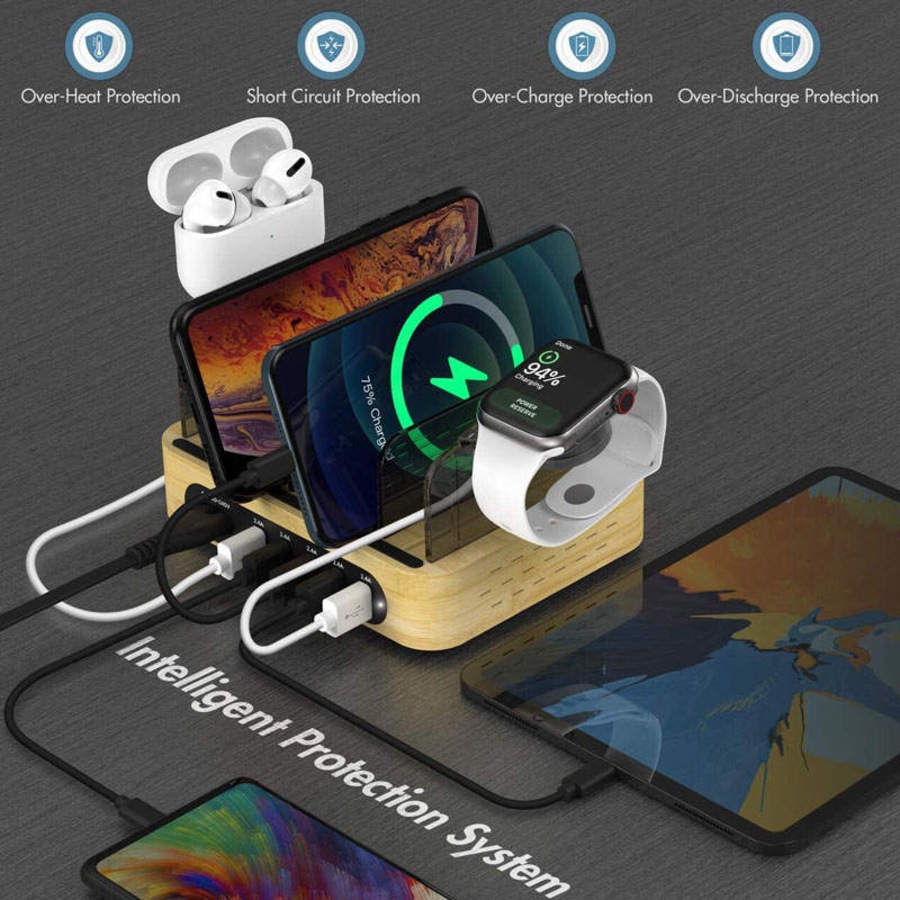 Nevenka Bamboo Charging Station for Multiple Devices Dock Organizer with 5 USB Ports and 5 Charging Cables