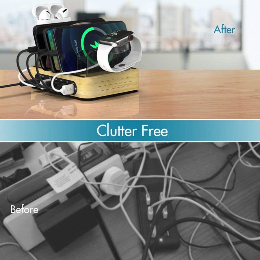 Nevenka Bamboo Charging Station for Multiple Devices Dock Organizer with 5 USB Ports and 5 Charging Cables