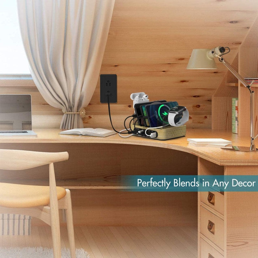 Nevenka Bamboo Charging Station for Multiple Devices Dock Organizer with 5 USB Ports and 5 Charging Cables
