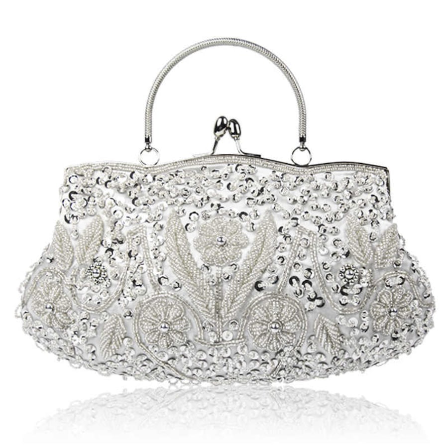 Nevenka Beaded Sequin Design Flower Evening Purse Large Clutch Bag-Silver