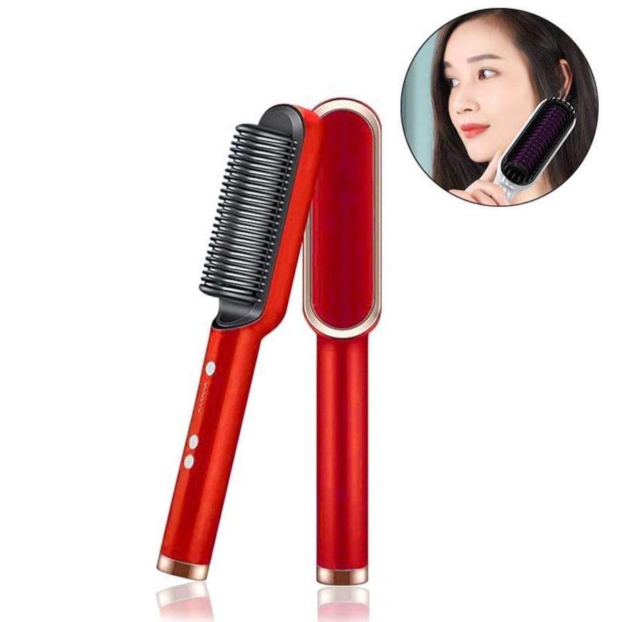 Nevenka Hair Straightener Brush with 5 Temp Negative Ion 30s Fast Heating-Red