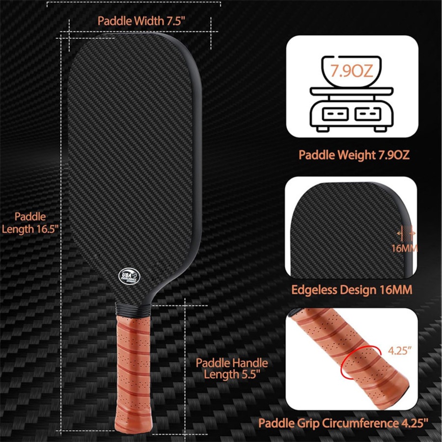 Nevenka Pickleball Paddle Edgeless Style 3K Raw Carbon Fiber Surface CFS High Grit Spin 16MM Polypropylene Honeycomb Core