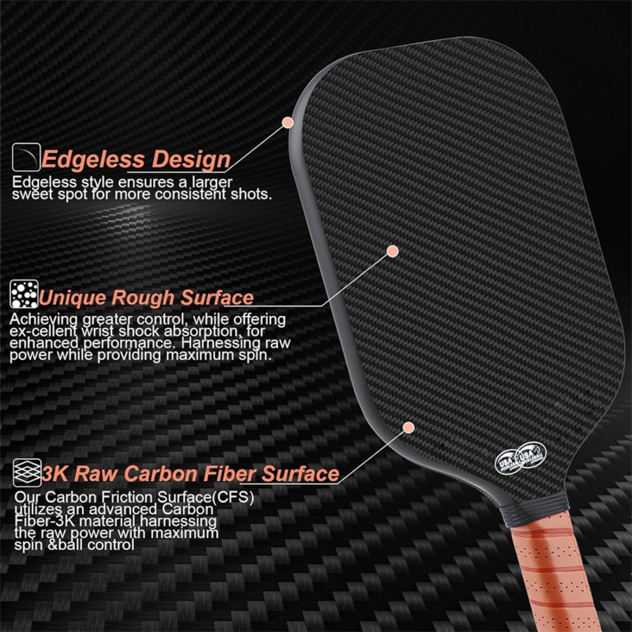 Nevenka Pickleball Paddle Edgeless Style 3K Raw Carbon Fiber Surface CFS High Grit Spin 16MM Polypropylene Honeycomb Core