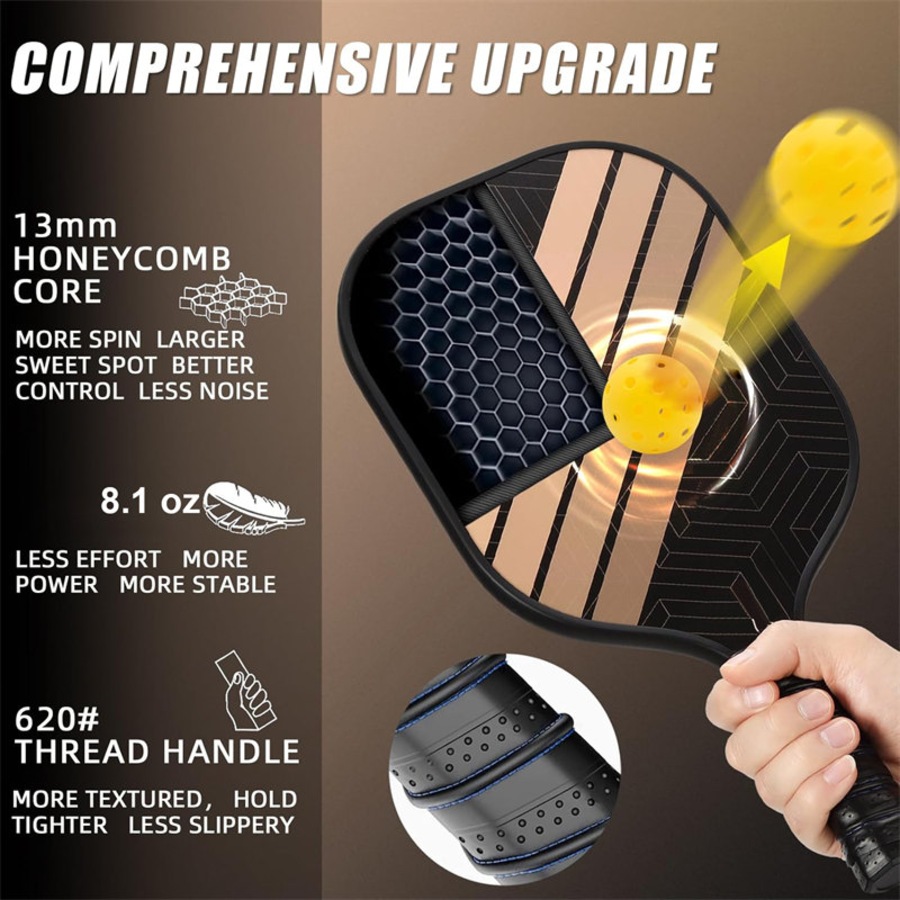 Nevenka Pickleball Paddles Set of 2 Fiberglass Surface PP Honeycomb Core Pickleball Racket with 4 Balls 1 Bag-BlackGold