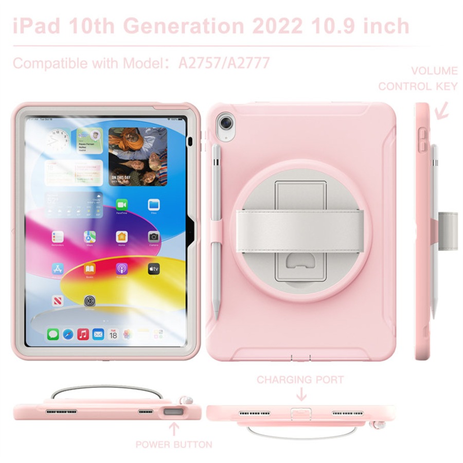 Nevenka Tablet Case For iPad 10th with 360 Kickstand/Hand Strap Shockproof-Pink