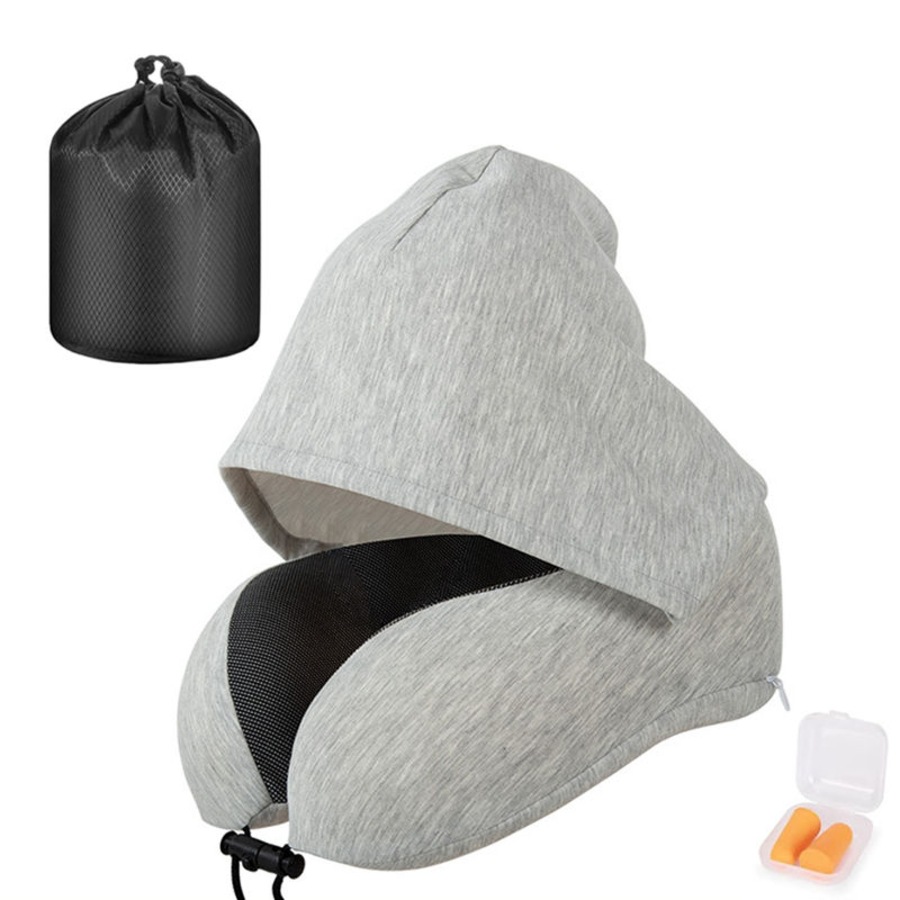 Nevenka Travel Neck Pillow with Hood Memory Foam for Neck Support-Cotton-Light Grey