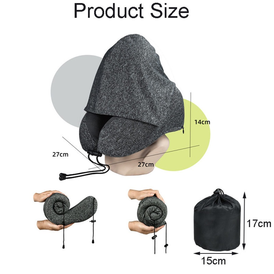 Nevenka Travel Neck Pillow with Hood Memory Foam for Neck Support-Cotton-Light Grey