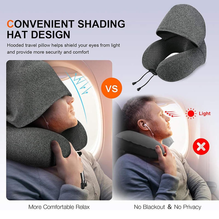 Nevenka Travel Neck Pillow with Hood Memory Foam for Neck Support-Cotton-Light Grey