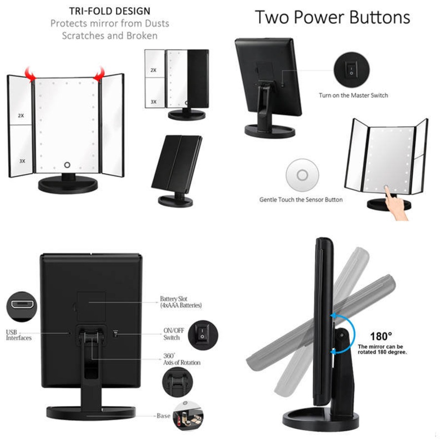 Nevenka Tri-Fold Lighted Vanity Mirror with 22 LED Lights 3X/2X/10X Magnification Make Up Mirror-White