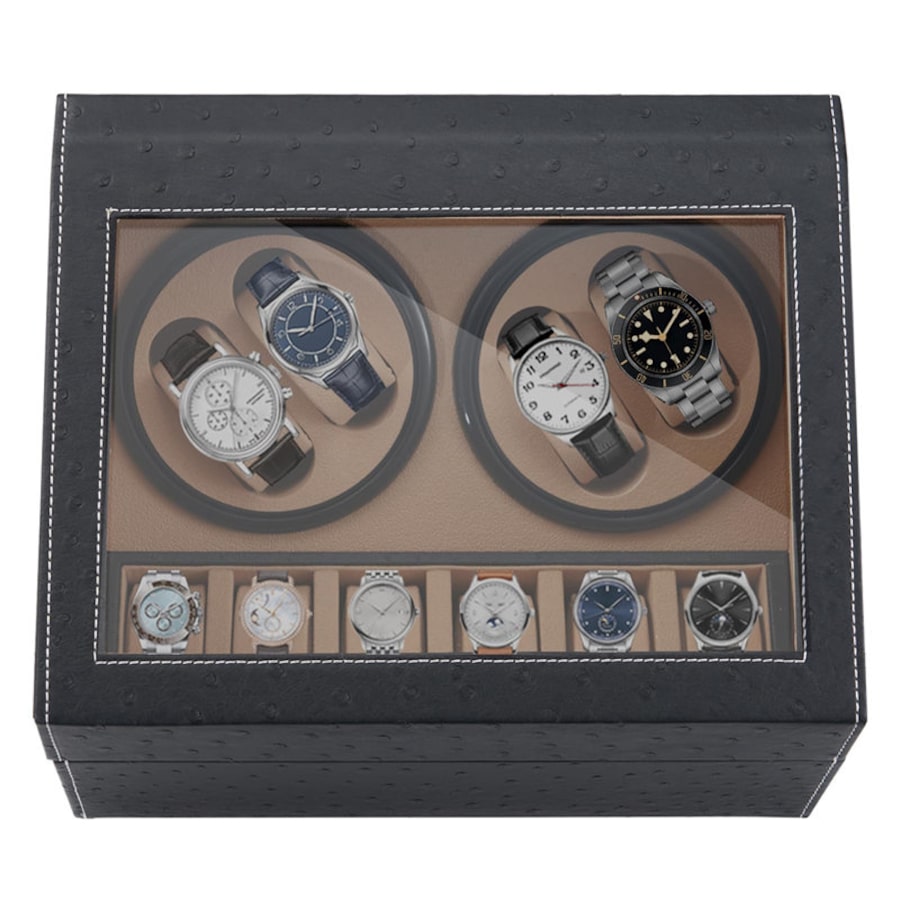 Nevenka Watch Winder Display Box with Quiet Motor and 6 Jewellery Display Grids-BlackOstrichPattern