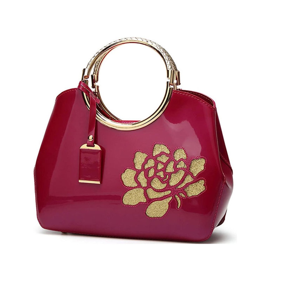 Nevenka Women Handbag Leather Flower Pattern Satchel Charm Glossy Metal Grip Shoulder Bag-RoseRed