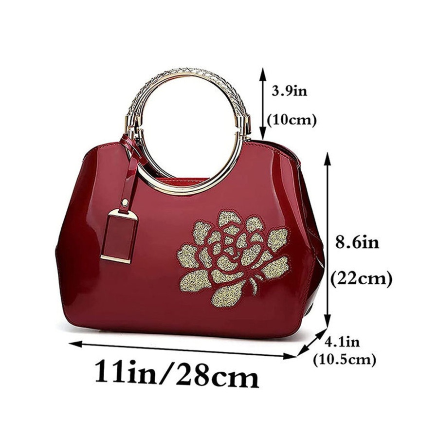 Nevenka Women Handbag Leather Flower Pattern Satchel Charm Glossy Metal Grip Shoulder Bag-RoseRed