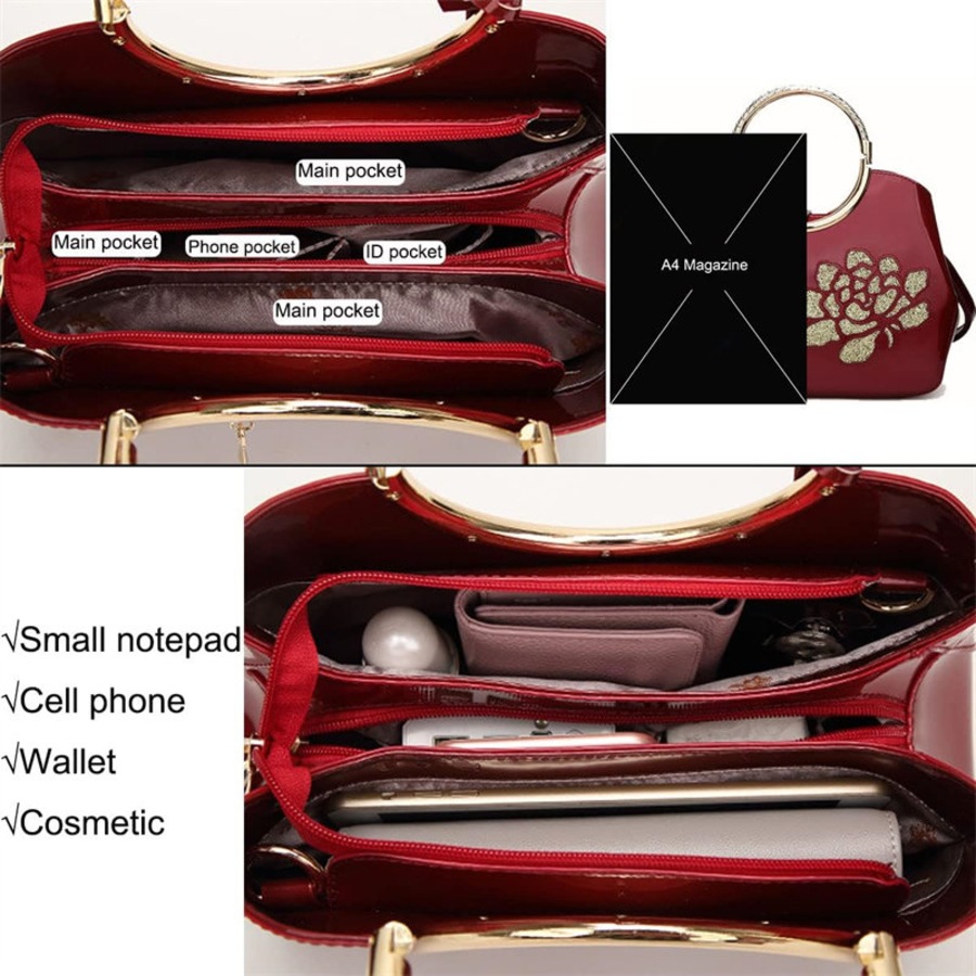 Nevenka Women Handbag Leather Flower Pattern Satchel Charm Glossy Metal Grip Shoulder Bag-RoseRed