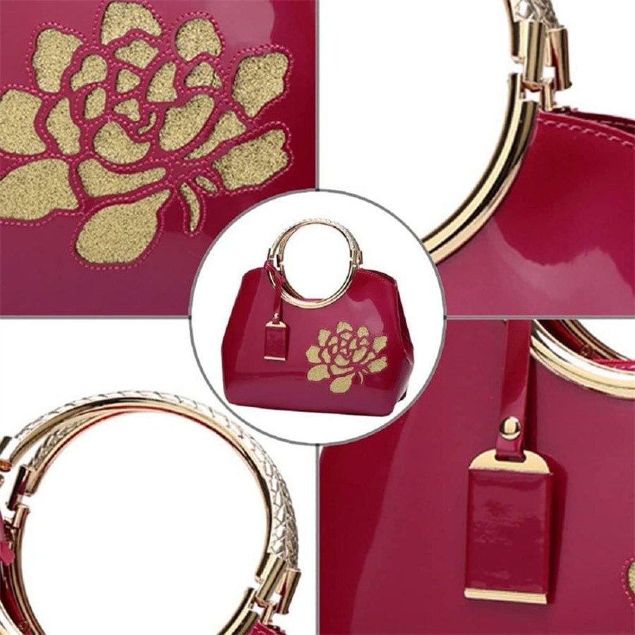 Nevenka Women Handbag Leather Flower Pattern Satchel Charm Glossy Metal Grip Shoulder Bag-RoseRed