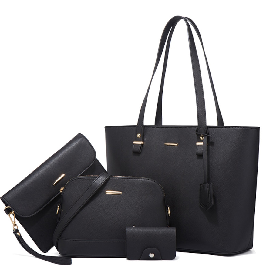 Nevenka Women Retro Large Capacity Four-piece Sets Handbags Shoulder Bags Tote-Black