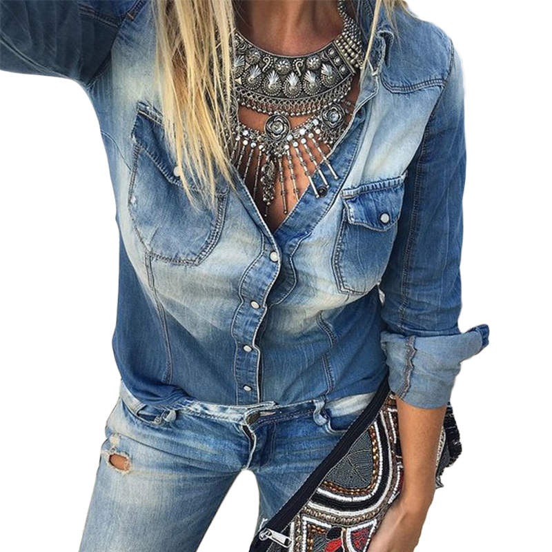 Fashionable Retro Long Sleeved Denim Shirt Top main image 1