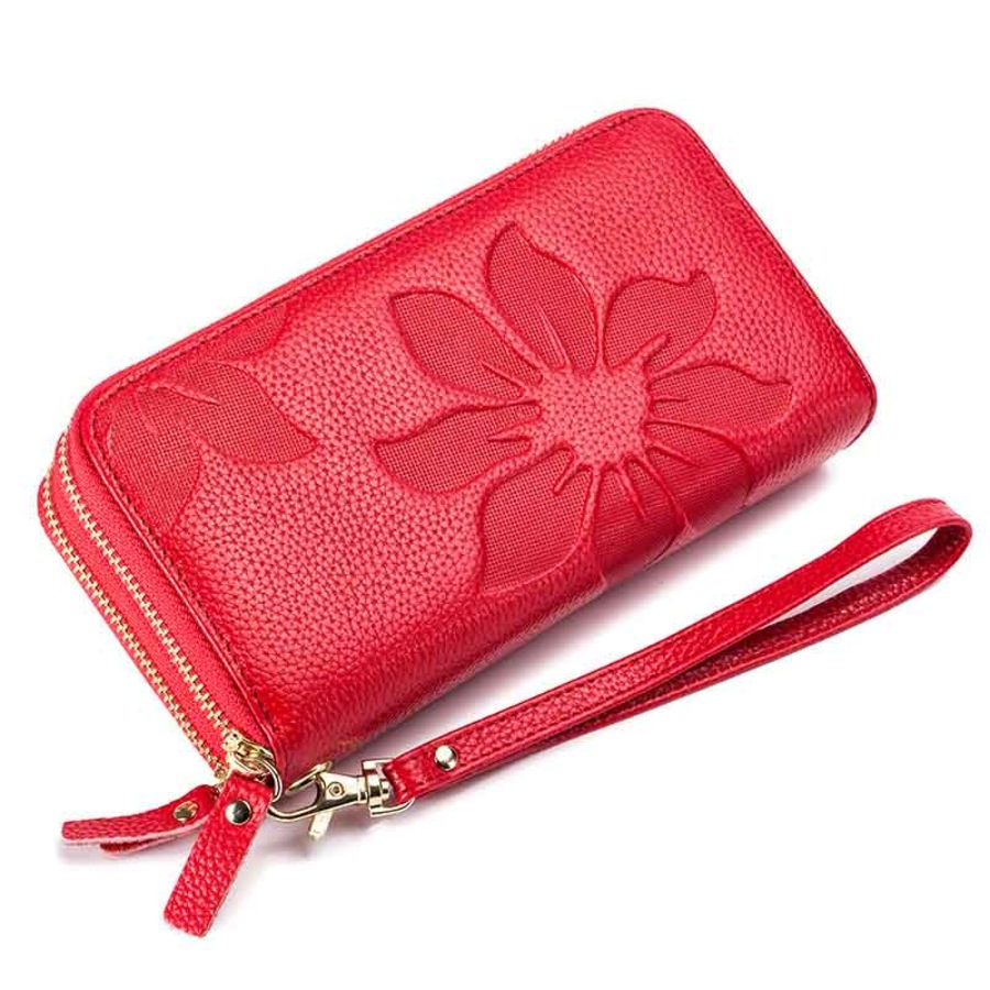Nevenka Womens Leather Wallet Embossed Double Zipper Wallet-Red