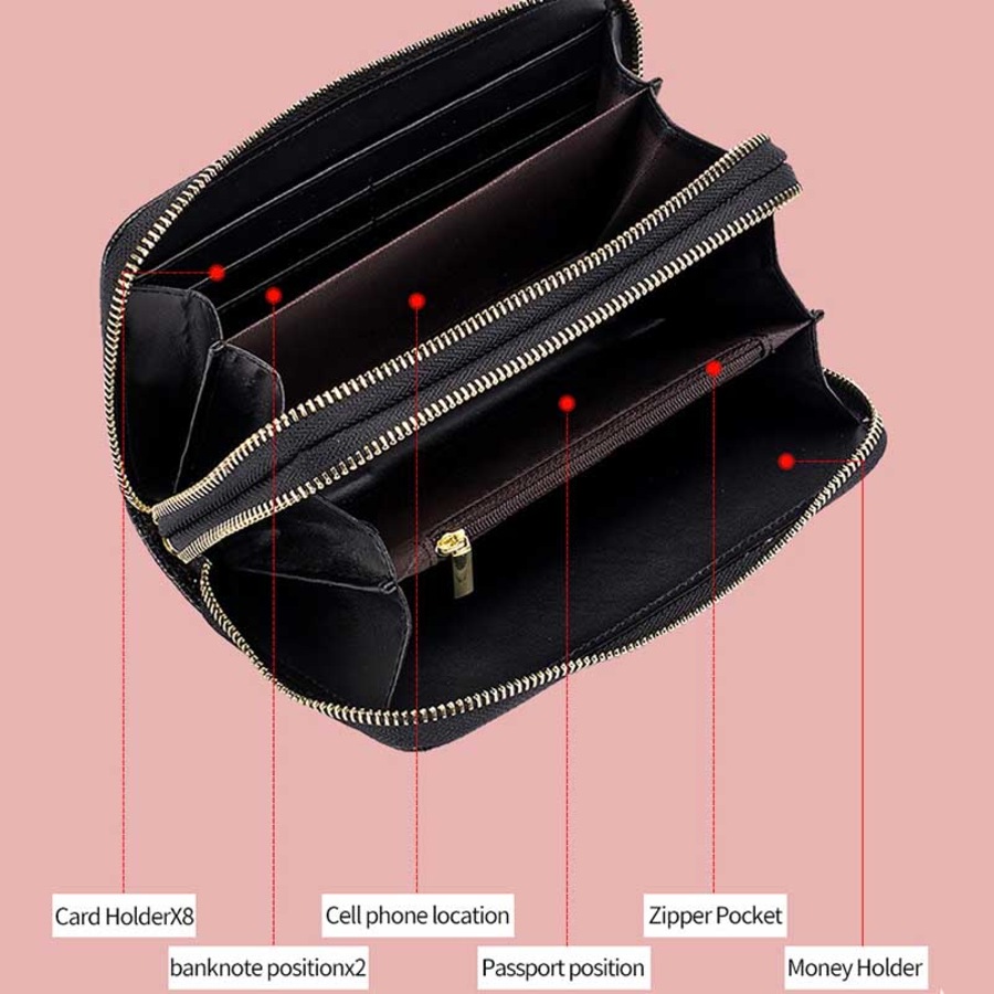 Nevenka Womens Leather Wallet Embossed Double Zipper Wallet-Red