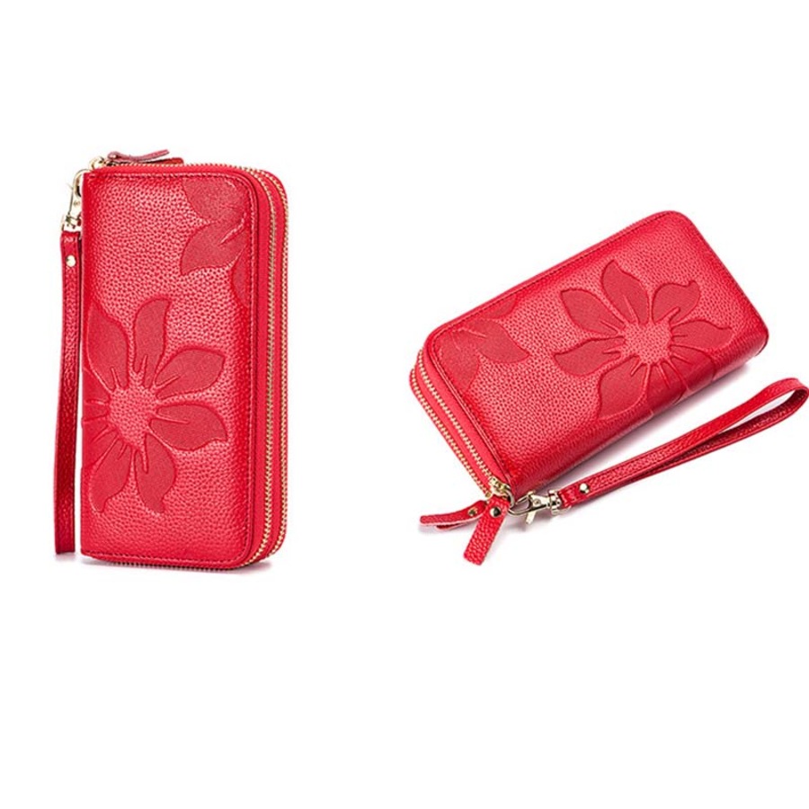 Nevenka Womens Leather Wallet Embossed Double Zipper Wallet-Red