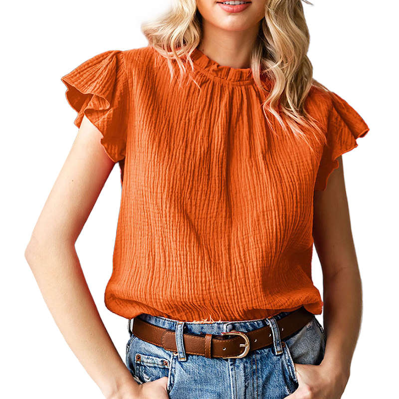 Buy Nevenka Womens Ruffle Sleeve Blouses Summer Casual Plain Round Neck ...